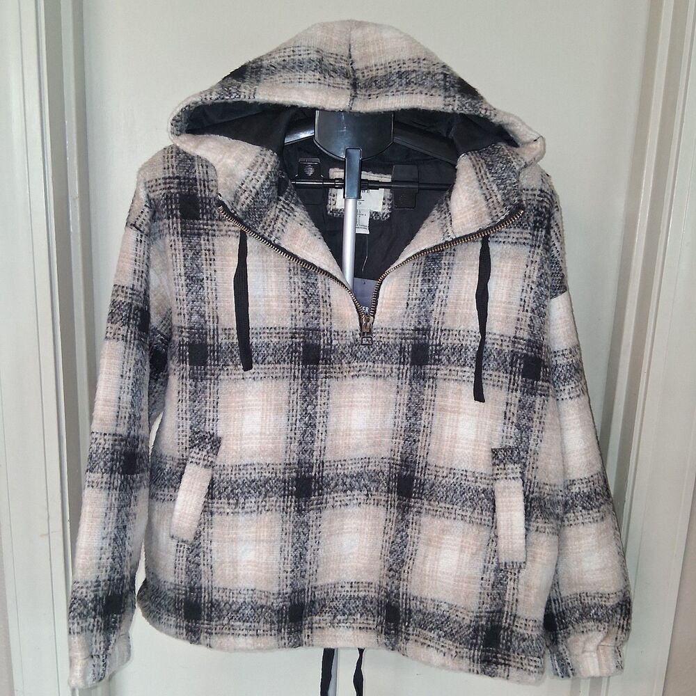 NWT Forever 21 Cozy Plaid Half-Zip Hooded Pullover Jacket Large Preppy Academia